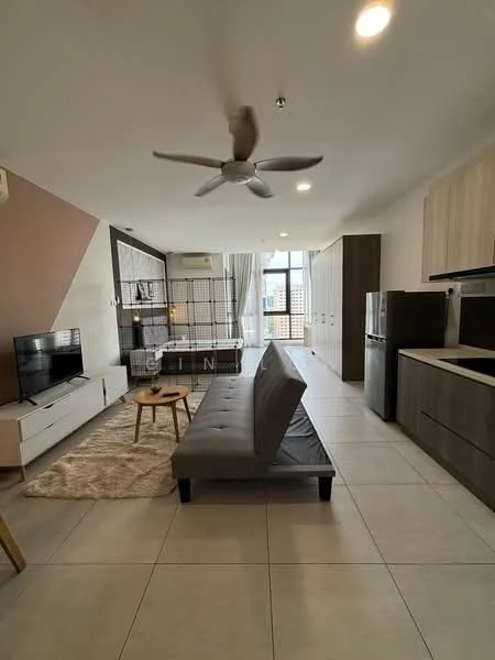 Living features: 3-seater fabric sofa in grey, coffee table, wall-mounted TV, TV console, area rug, 5-blade ceiling fan, floor-to-ceiling windows, sliding glass door, white painted walls, cream tiled flooring, built-in cabinets, air conditioning unit; style: modern; view: city.