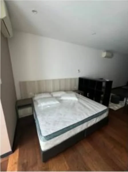 Bedroom features: queen-size bed, upholstered headboard, wooden bedside table, dark wood flooring, wall-mounted air conditioning unit, built-in wardrobe, neutral painted walls, ceiling lights; style: modern.