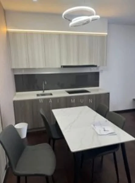 Kitchen features: light wood cabinetry, grey backsplash, white marble countertop, stainless-steel sink, chrome pull-down faucet, built-in cooktop, recessed lighting, modern pendant light, 4 dining chairs, white waste bin; style: modern.