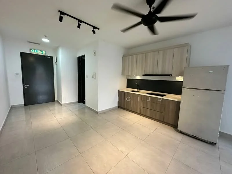 Kitchen features: grey tiled flooring, white painted walls, ceiling fan, recessed LED downlights, kitchen cabinetry in light wood, black countertop, stainless-steel sink, fridge, built-in oven, wall-mounted kitchen cabinets; style: modern. Room features: grey tiled flooring, white painted walls, ceiling fan, recessed LED downlights.