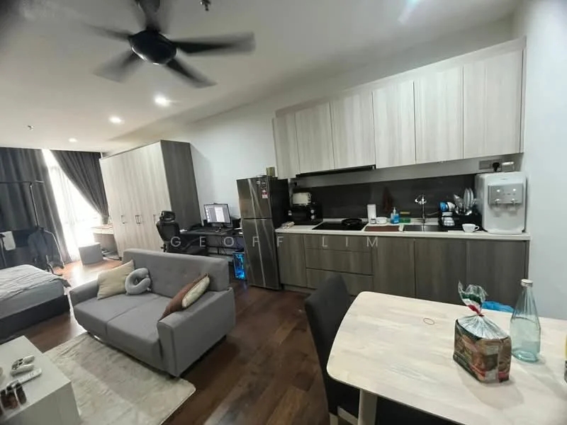 Living features: grey fabric sofa, coffee table, TV console, wall-mounted TV, dining table with chairs, kitchenette with upper and lower cabinets, stainless-steel fridge, built-in oven, microwave, kettle, toaster, sink, countertop, ceiling fan, wood flooring; style: modern.