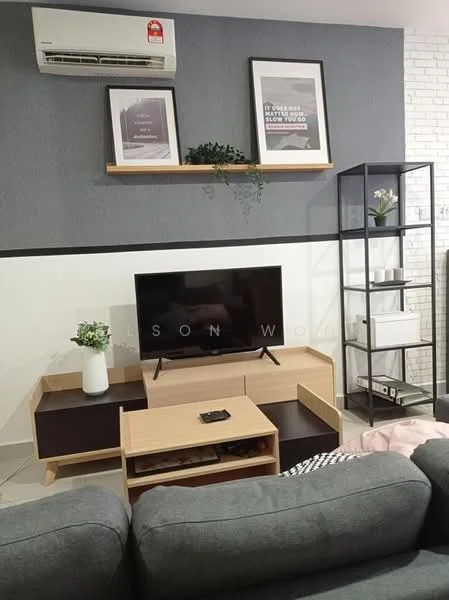 Living features: grey fabric sofa, wooden coffee table, wall-mounted TV, black TV console, decorative plant on table, shelf with framed artwork, white brick accent wall, wall-mounted split AC, black metal shelving unit, light-colored tiled flooring; style: modern.