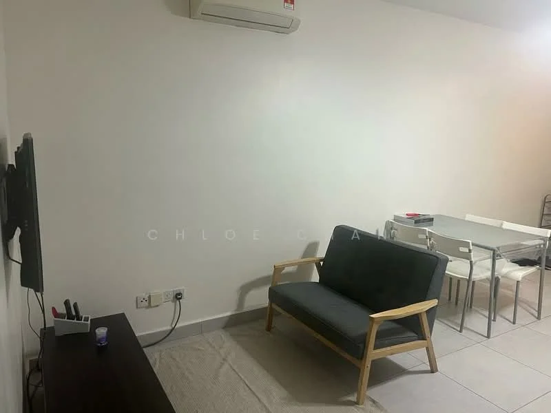 Living features: grey fabric sofa, wooden frame for sofa, wall-mounted TV, TV console, light-colored wall, air conditioning unit, tile flooring, area rug, dining table with chairs; style: modern.