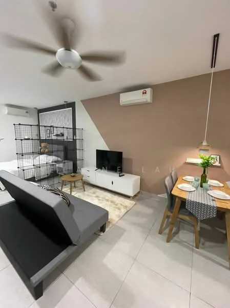 Living features: 5-blade ceiling fan, wall-mounted TV, white TV console, grey sofa, area rug, dining table with 4 chairs, decorative wall with brown accent, air conditioning unit, light-colored tiled flooring; style: modern. Room features: partition screen, bed visible in background.
