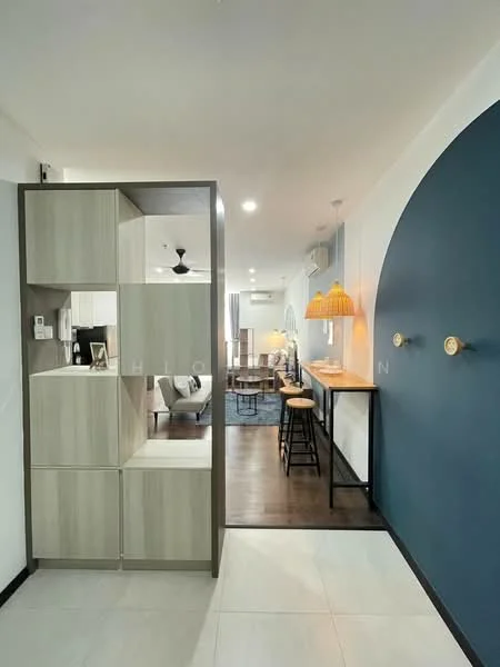 Room features: light grey tiled flooring, white walls, blue accent wall, wooden bar counter, two wooden stools, built-in storage cabinet with wood finish, ceiling fan, recessed lighting, open layout, decorative wall hooks; style: modern.