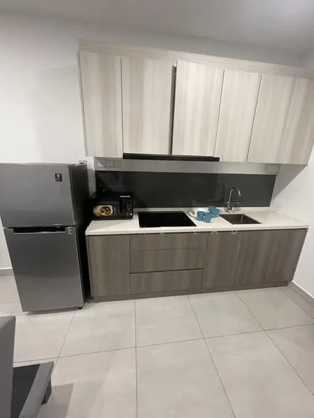 Kitchen features: light wood cabinetry, dark grey countertop, double-bowl stainless-steel sink, chrome pull-down faucet, built-in stove, stainless-steel fridge, coffee machine, tile flooring, grey backsplash, under-cabinet lighting; style: modern.