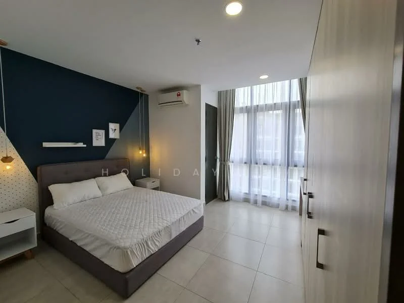 Bedroom features: queen-size bed with white bedding, upholstered headboard, two pendant lights on either side of the bed, white walls with blue accent wall, large window with sheer curtains, built-in wardrobe with sliding doors, tile flooring, air conditioning unit on the wall; style: modern.
