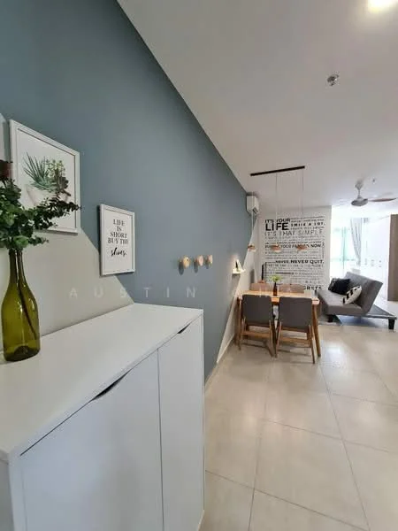 Living features: grey accent wall, white painted walls, ceramic tile flooring, 5-blade ceiling fan, dining table with chairs, decorative wall art, vase with flowers, sideboard cabinet, large windows with natural light, recessed lighting; style: modern.