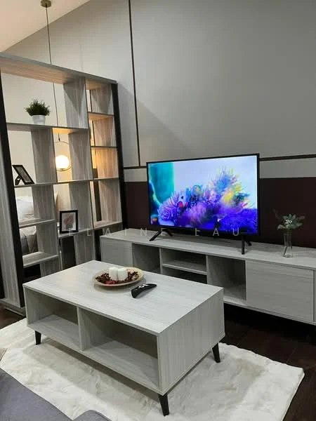 Living features: grey fabric sofa, wooden coffee table, wall-mounted TV, TV console with storage, decorative plant on console, framed artwork on shelf, shelf unit with open storage, area rug, recessed lighting, accent wall with dark color; style: modern.