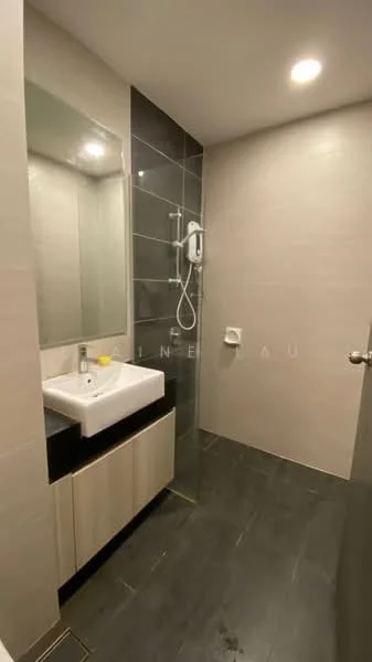 Bathroom features: single-sink vanity with wood cabinet, chrome basin mixer faucet, framed mirror, walk-in shower with glass enclosure, handheld shower, tile cladding, dark tile flooring, recessed downlights; style: modern.