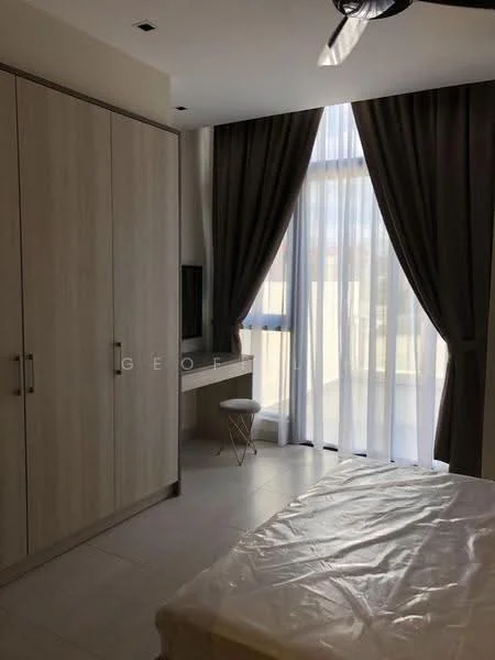 Bedroom features: light wood cabinetry, floor-to-ceiling windows, sheer curtains, dark grey curtains, white walls, tile flooring, ceiling fan, built-in desk, stool, queen-size bed with mattress; style: modern.