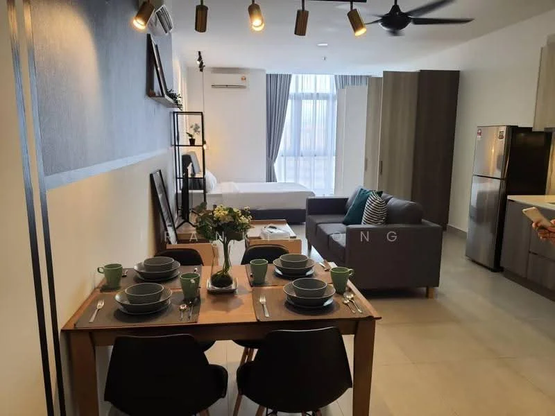 Living features: grey fabric sofa, coffee table, wall-mounted TV, dining table with 4 chairs, decorative vase with flowers, 2 green mugs, 4 plates, 4 bowls, refrigerator, window with sheer curtains, ceiling fan, light-colored tiled flooring, wall with textured finish, air conditioning unit; style: modern. Room features: bed with white bedding, bedside table, floor-to-ceiling window, curtains.