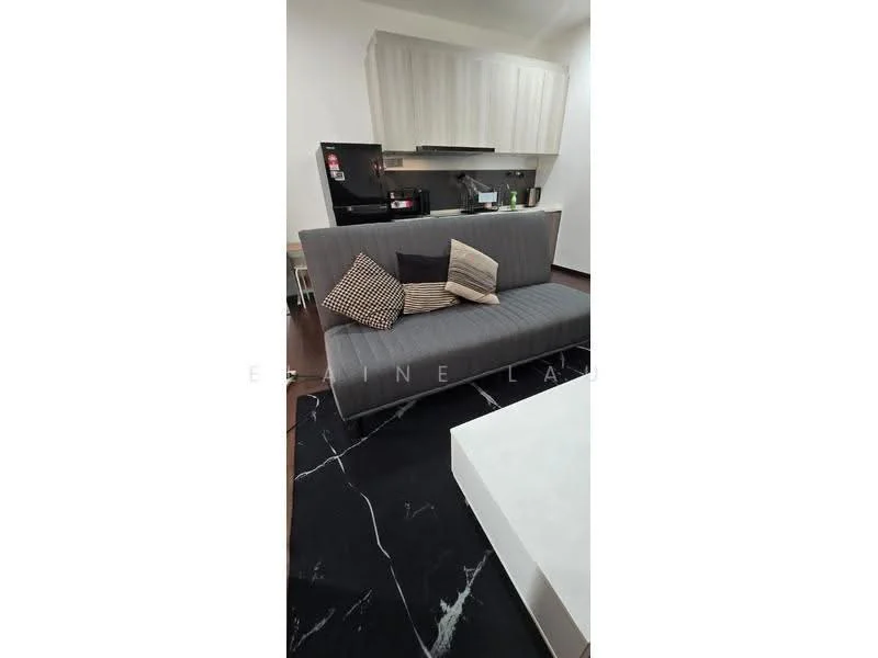 Living features: grey fabric sofa, decorative cushions, white coffee table, dark marble flooring, light wood cabinetry, kitchen appliances visible, wall-mounted kitchen unit, recessed lighting; style: modern.