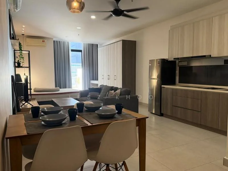 Living features: grey fabric sofa, wooden coffee table, TV console, wall-mounted TV, recessed downlights, ceiling fan, large window with natural light, decorative plants, wooden cabinetry, stainless-steel fridge, dining table with 4 white chairs, ceramic tile flooring, white painted walls; style: modern; view: city.