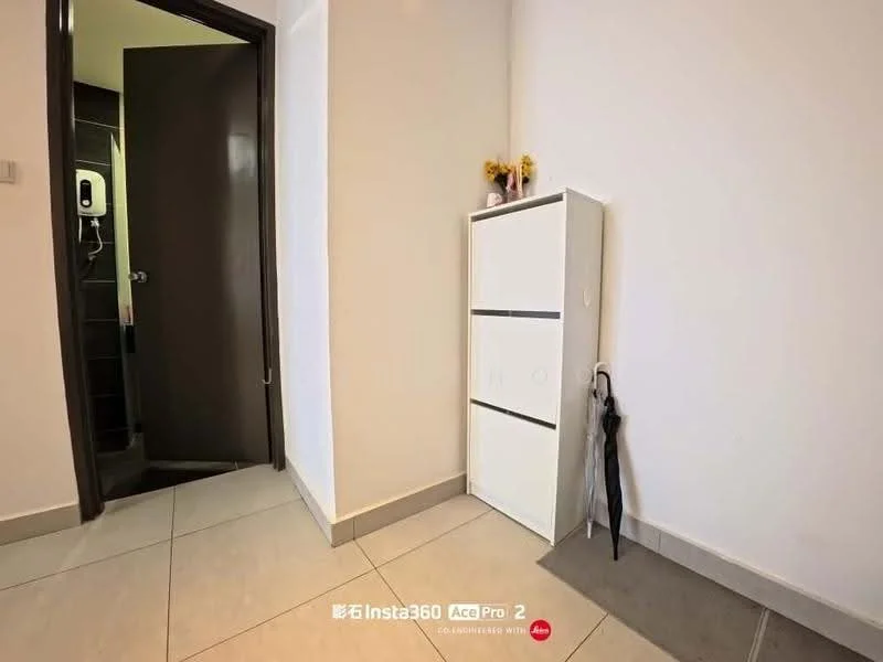 Room features: white walls, grey tiled flooring, doorway leading to another room, small white storage cabinet with three drawers, umbrella stand, light switch, wall-mounted phone, corner of a wall, neutral decor; style: modern.