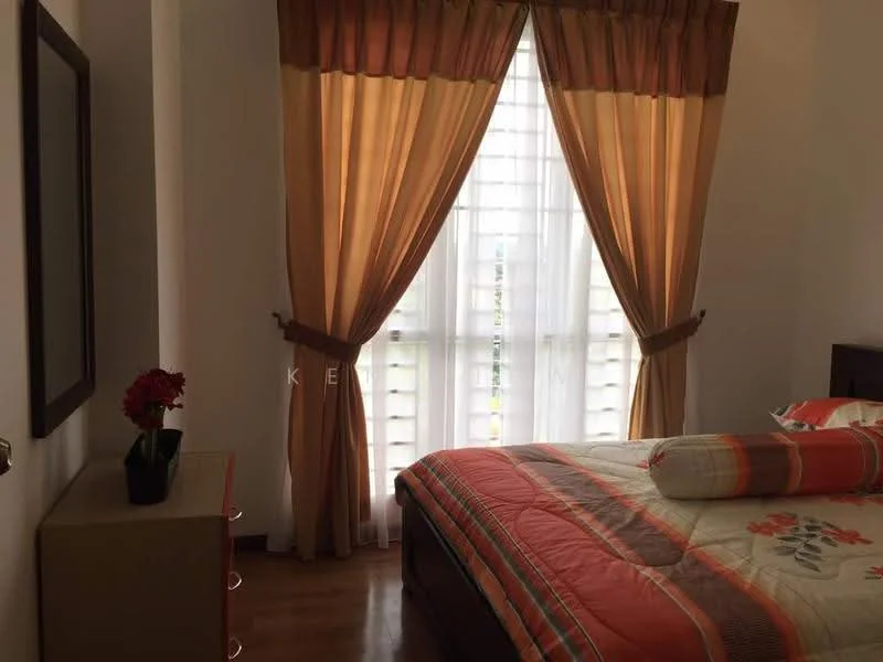 Bedroom features: queen-size bed with floral bedding, wooden bed frame, decorative throw pillow, nightstand with drawers, table lamp on nightstand, floor-to-ceiling window, sheer curtains in white, drapes in orange and brown, wooden flooring, framed mirror on wall, decorative flower arrangement; style: modern.