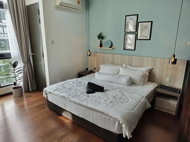 Bedroom features: king-size bed, upholstered headboard, white bedding, 2 bedside lamps, wooden bedside tables, wall-mounted artwork, light blue accent wall, wooden flooring, floor-to-ceiling windows, curtains, wall-mounted air conditioning unit; style: modern; view: garden.