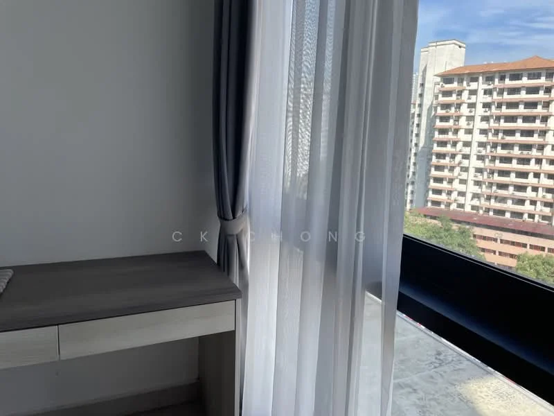 Room features: floor-to-ceiling window, sheer curtains, grey desk, light-coloured wall, carpeted flooring; style: modern; view: city.