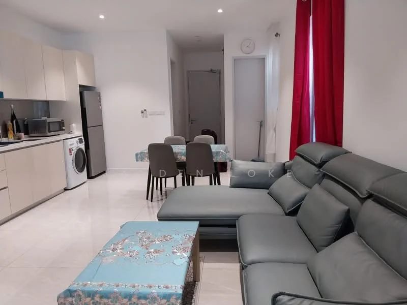 Living features: L-shape sectional sofa in grey, coffee table with decorative surface, dining table for 4 with patterned tablecloth, 4 dining chairs, white cabinets with flat-panel design, stainless-steel fridge, built-in oven, microwave, front-load washing machine, white tiled flooring, recessed downlights, red curtains, wall clock, open layout to kitchen; style: modern.