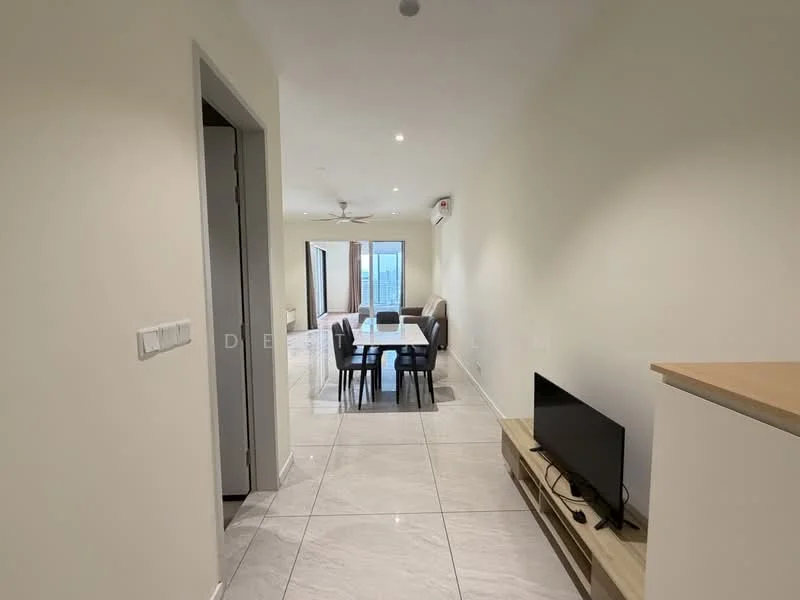 Living features: white painted walls, ceramic tile flooring, recessed downlights, 5-blade ceiling fan, wall-mounted TV, wooden TV console, dining table with chairs, large windows with city view; style: modern; view: city. Room features: white painted walls, ceramic tile flooring.