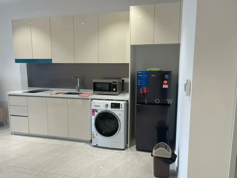 Kitchen features: light beige cabinetry, grey countertop, single-bowl stainless-steel sink, chrome pull-down faucet, built-in microwave, freestanding washing machine, stainless-steel fridge, ceramic tile flooring, wall-mounted cabinets, kitchen island, recessed downlights; style: modern.