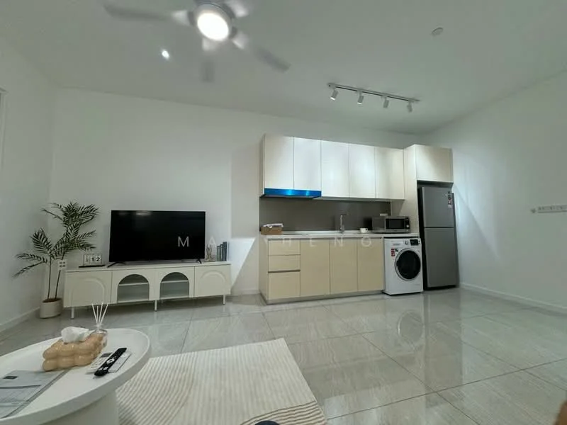 Living features: white painted walls, glossy tile flooring, 5-blade ceiling fan with light, sofa, TV console, wall-mounted TV, coffee table, kitchenette with upper and lower cabinets, stainless-steel fridge, built-in microwave, washing machine, countertop with sink; style: modern.