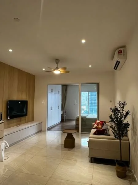 Living features: cream painted walls, polished marble flooring, 5-blade ceiling fan with light, wall-mounted TV, TV console, sofa in beige, decorative plant in pot, recessed downlights, sliding glass door, curtains, coffee table; style: modern; view: city.