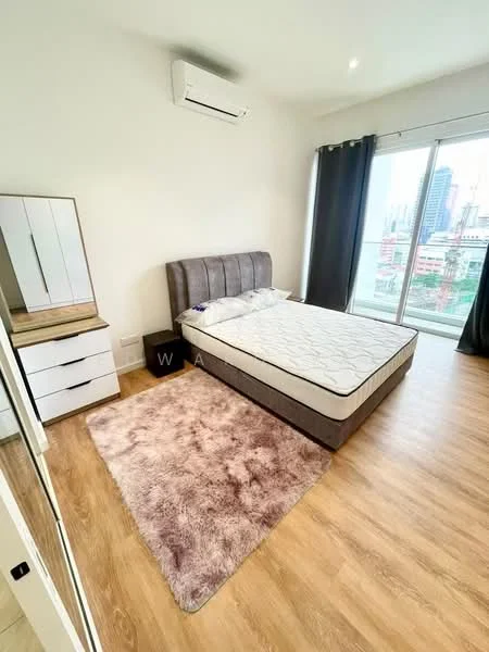 Bedroom features: queen-size bed, upholstered headboard, bedside table, mirror-fronted dresser, area rug with plush texture, floor-to-ceiling windows, blackout curtains, wall-mounted split AC, wooden flooring, city view; style: modern; view: city.