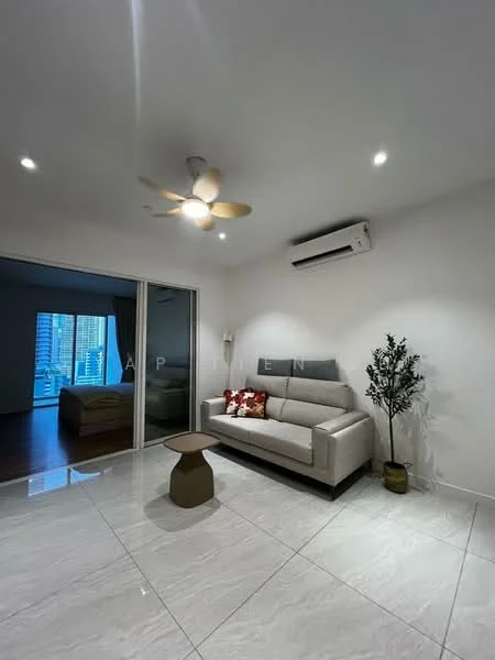 Living features: 3-seater fabric sofa in light grey, coffee table, 5-blade ceiling fan with light, wall-mounted split AC, white painted walls, marble tile flooring, decorative plant in pot, recessed LED downlights; style: modern.