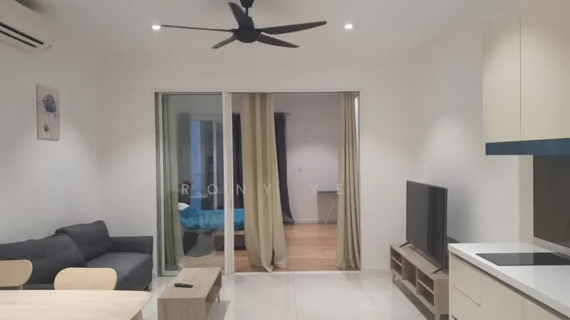 Living features: 3-seater fabric sofa in grey, wooden coffee table, wall-mounted TV, TV console, ceiling fan, recessed downlights, sliding glass door, floor-to-ceiling windows, cream painted walls, tile flooring; style: modern. Bedroom features: queen-size bed, bedside table, blackout curtains, wooden flooring.