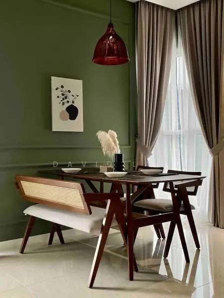 Dining features: wooden dining table, 4 dining chairs, bench seating, green painted walls, floor-to-ceiling windows, sheer curtains, pendant lamp with red shade, framed artwork on wall, marble tile flooring; style: modern.