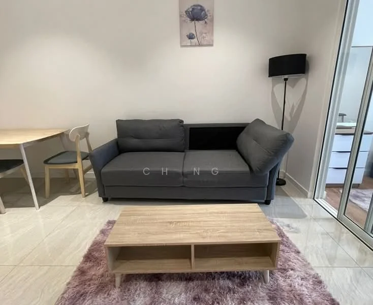 Living features: grey fabric sofa, wooden coffee table with open shelving, area rug with soft texture, floor lamp, wall art with floral design, large glass sliding door, tile flooring, neutral wall color; style: modern.