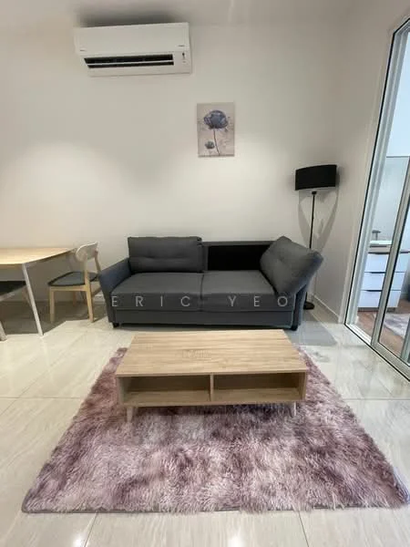 Living features: 3-seater fabric sofa in grey, wooden coffee table with open shelving, area rug in light pink, wall-mounted split AC, floor lamp, dining table with chairs, large glass sliding door, white painted walls, glossy tile flooring; style: modern.