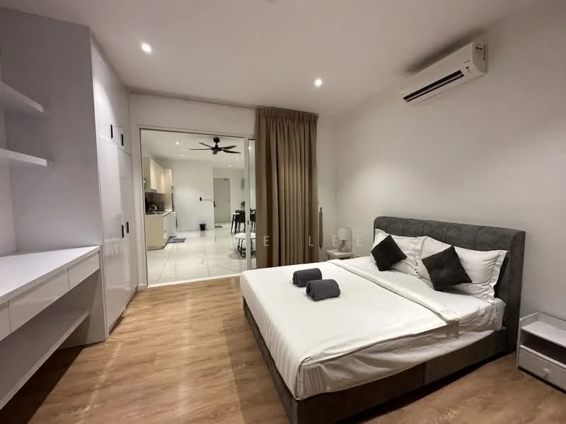 Bedroom features: king-size bed, upholstered headboard, 2 bedside lamps, white bedding, 2 grey towels on bed, built-in wardrobe with sliding doors, wooden flooring, wall-mounted split AC, ceiling fan with light, curtains, decorative pillows; style: modern.