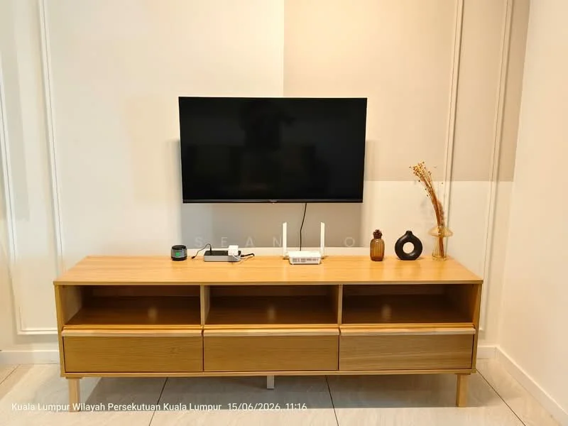 Living features: wooden TV console with drawers, wall-mounted flat-screen TV, decorative vase, decorative object, neutral wall color, tile flooring, recessed lighting, minimalist decor; style: modern.