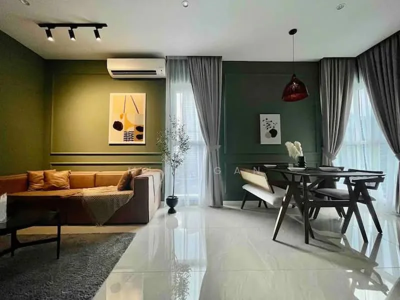 Living features: green painted walls, white ceiling, recessed downlights, 5-blade ceiling fan, large windows with sheer curtains, brown fabric sofa, area rug with geometric pattern, wooden coffee table, dining table with 4 chairs, red pendant light, decorative plant in pot; style: modern.