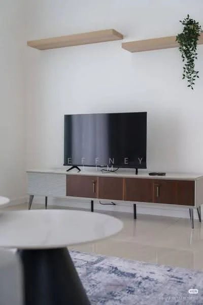 Living features: wall-mounted TV, TV console with wood and white finish, floating wooden shelves, decorative plant on shelf, marble coffee table, area rug with geometric pattern, glossy tile flooring, neutral painted walls; style: modern.