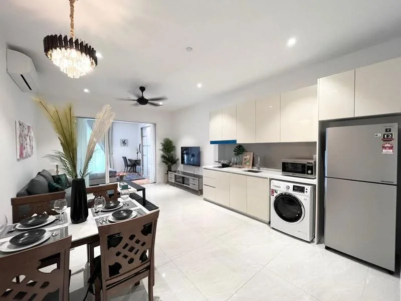 Kitchen features: white cabinets with blue accent, stainless-steel fridge, built-in microwave, freestanding washing machine, ceramic tile flooring, recessed downlights, 5-blade ceiling fan, dining table with 4 chairs, sofa in grey fabric, TV console, wall-mounted TV, decorative plants, open layout, floor-to-ceiling windows; style: modern.