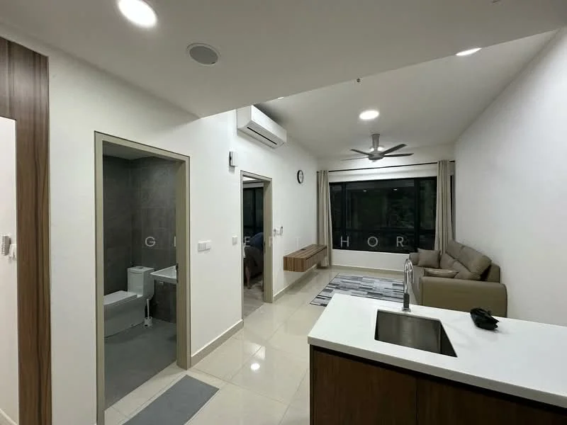 Living features: sofa in beige, coffee table, wall-mounted clock, floor-to-ceiling windows, 5-blade ceiling fan with light, recessed downlights, area rug with geometric pattern, open shelving, decorative wall paneling; style: modern; view: garden. Bathroom features: one-piece toilet, shower with glass enclosure, grey tile cladding, vanity with sink, mirror above vanity; style: modern. Room features: white painted walls, cream tile flooring, air conditioning unit.