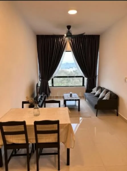 Living features: 3-seater fabric sofa in dark green, coffee table, 4-seater dining table with white tablecloth, floor-to-ceiling windows, sheer curtains, dark curtains, ceiling fan, tile flooring, decorative vase on table, area rug, wall-mounted artwork; style: modern; view: mountain.