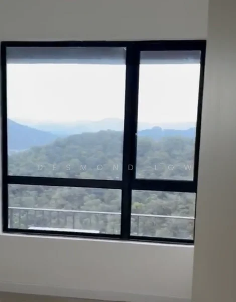 Room features: large window, black window frame, mountain view, balcony access; view: mountain.