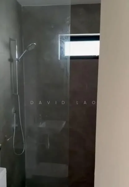 Bathroom features: walk-in shower with glass enclosure, rain shower head, handheld shower, wall-mounted faucet, toilet, grey tile walls, small window, minimalist design; style: modern.