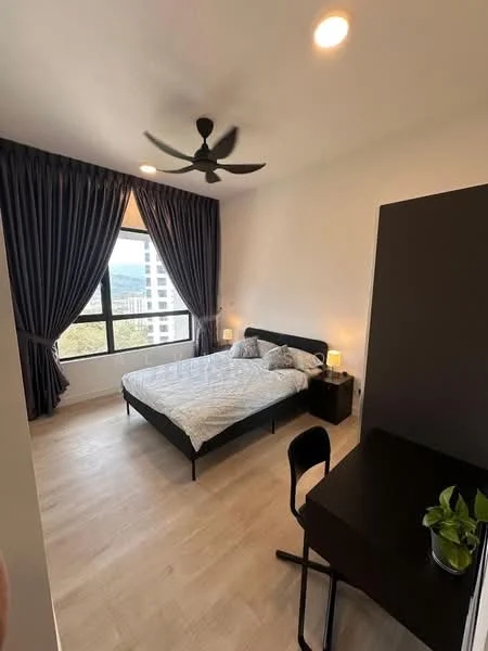 Bedroom features: queen-size bed, upholstered headboard, 2 bedside lamps, floor-to-ceiling windows, blackout curtains, 5-blade ceiling fan, wooden flooring, study desk, chair, decorative plant; style: modern; view: city.