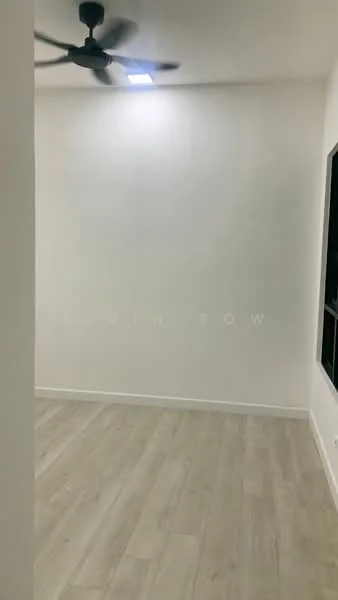 Room features: white painted walls, light wood laminate flooring, 5-blade ceiling fan with light, large window, no visible furniture or decor; style: modern.