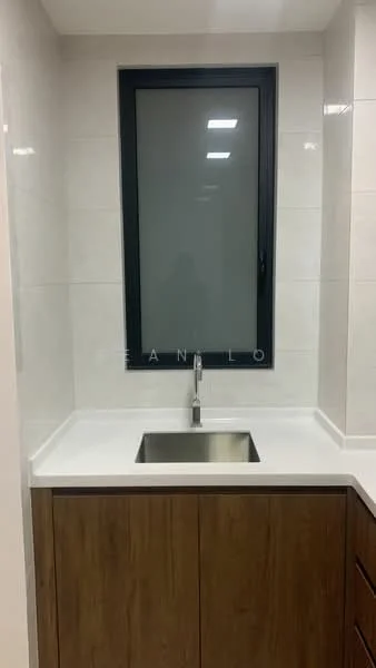Laundry features: single-bowl stainless-steel sink, chrome pull-down faucet, white quartz countertop, brown wooden cabinetry, grey tiled walls, grey tiled flooring, black framed window, recessed lighting; style: modern.