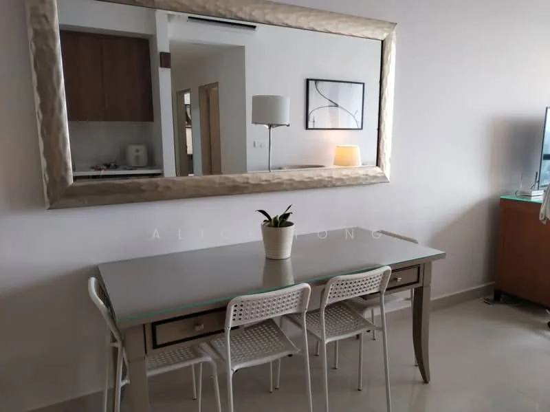 Dining features: glass-top dining table, wooden dining table with drawer, 3 white plastic dining chairs, large decorative mirror, wall-mounted lamp, light-colored walls, neutral flooring, open kitchen view in the background; style: modern.