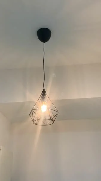 Room features: black pendant light, geometric wire frame, single light bulb, white ceiling, minimalist design; style: modern.