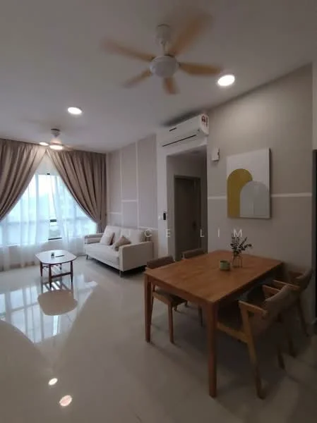 Living features: 3-seater fabric sofa in white, wooden coffee table, dining table with 4 chairs, ceiling fan with light, wall-mounted air conditioning unit, floor-to-ceiling windows with sheer curtains, light-colored walls, glossy tile flooring, decorative wall art; style: modern.