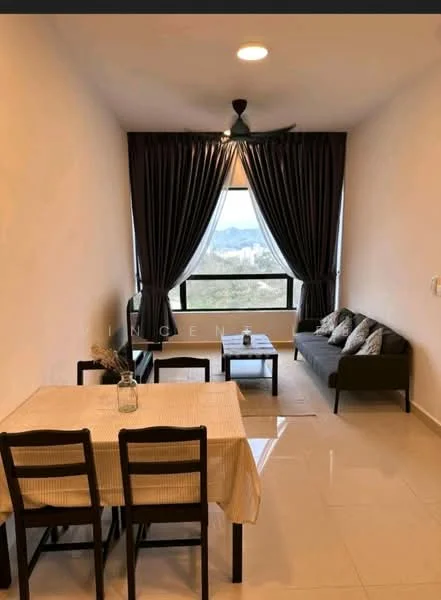 Living features: grey fabric sofa, 4-seater dining table, black dining chairs, floor-to-ceiling window, sheer curtains, dark curtains, tile flooring, recessed ceiling lights, ceiling fan with light, decorative cushions; style: modern; view: mountain.