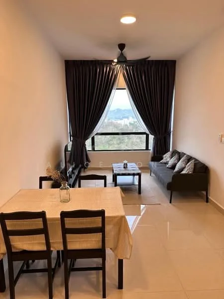 Living features: floor-to-ceiling windows, grey fabric sofa, coffee table, 4-seater dining table, black dining chairs, curtains, recessed downlights, polished tile flooring, decorative cushions, view of mountains; style: modern; view: mountain.